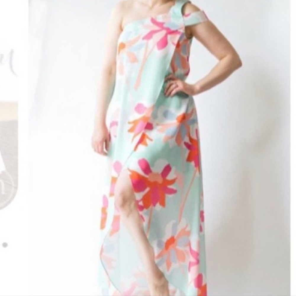 Crosby by Mollie Burch Alexia One Shoulder Hi-Low Maxi Dress Aqua Floral Print 8